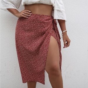 SHEIN Curve Plus Size Midi Skirts | Wrap Ditsy Floral Midi Skirt in Red